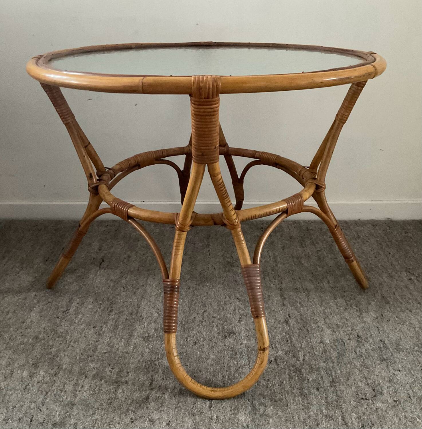 1960s rattan and glass coffee table