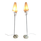 Pair of designer parquet floor lamps composed of lacquered metal and chrome bases and designer white plastic lampshades