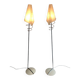 Pair of designer parquet floor lamps composed of lacquered metal and chrome bases and designer white plastic lampshades