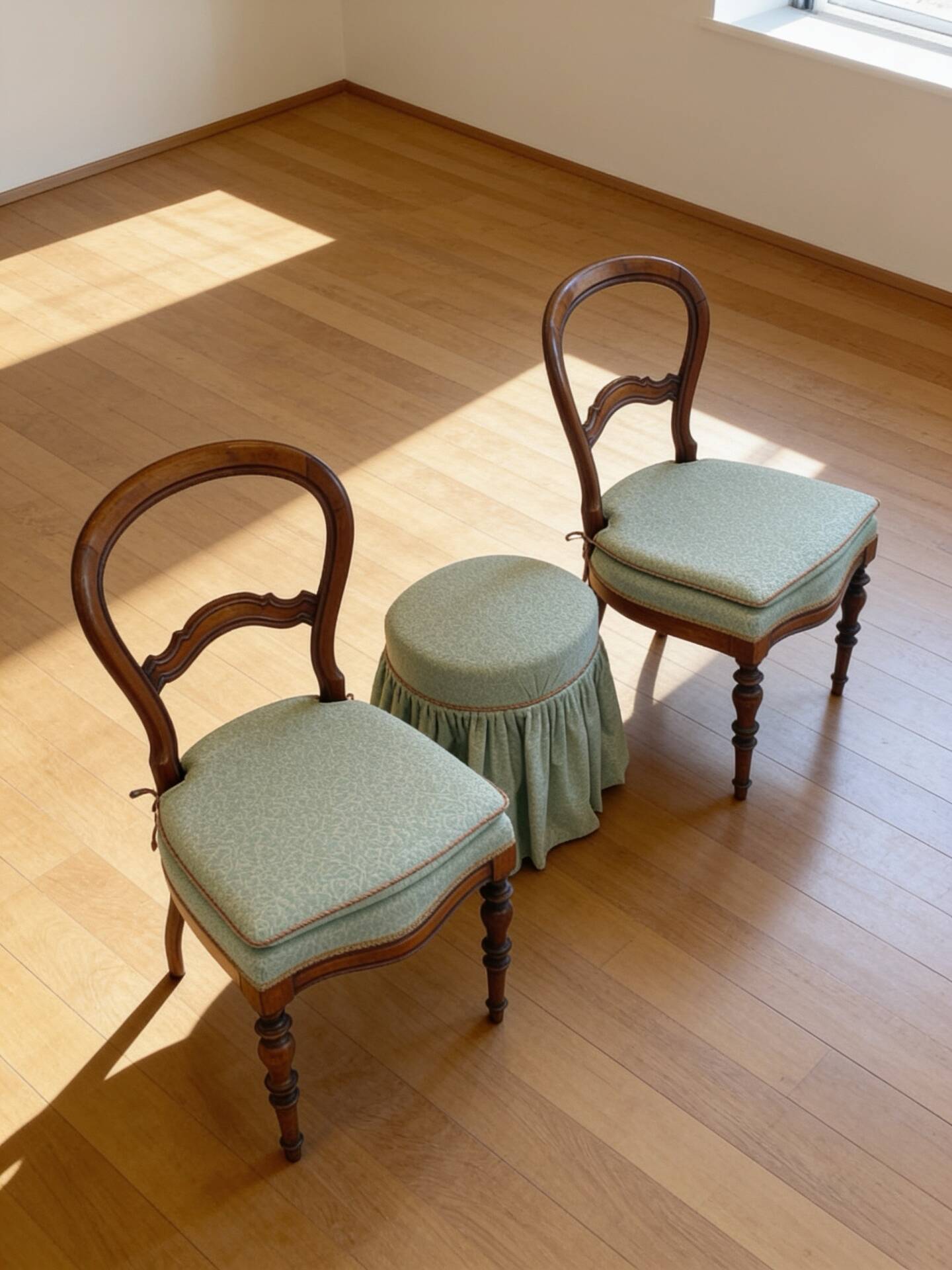 Antique Victorian era ballon back chairs and stool