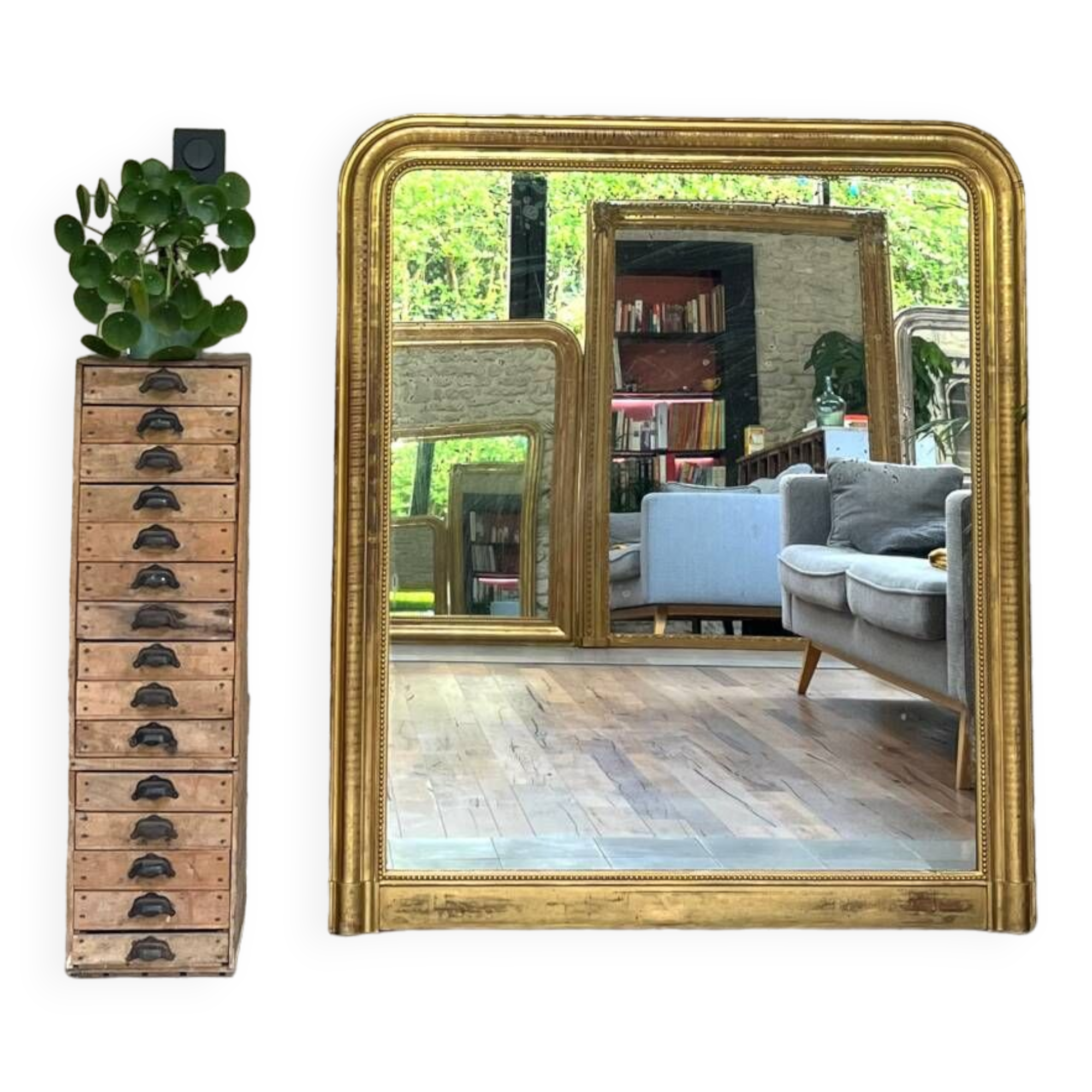 Louis-Philippe mantel mirror 133cm/115.5cm beaded gilded with gold leaf geometric decoration, late 19th century, heavily pitted and scratched glass, parquet on the back.