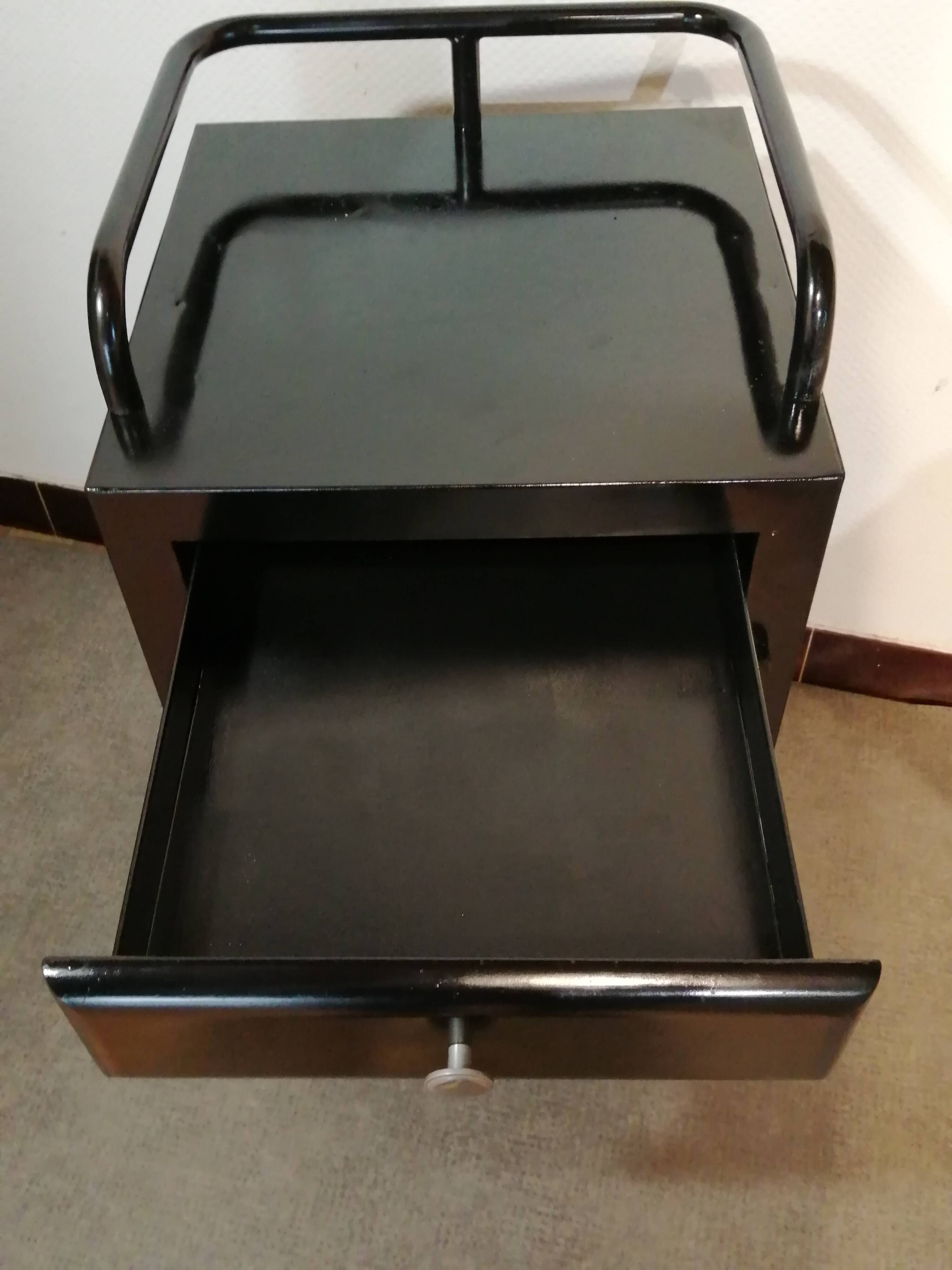 Black hospital/internment bedside table, all metal, compass legs, 1940s industrial.