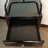 Black hospital/internment bedside table, all metal, compass legs, 1940s industrial.