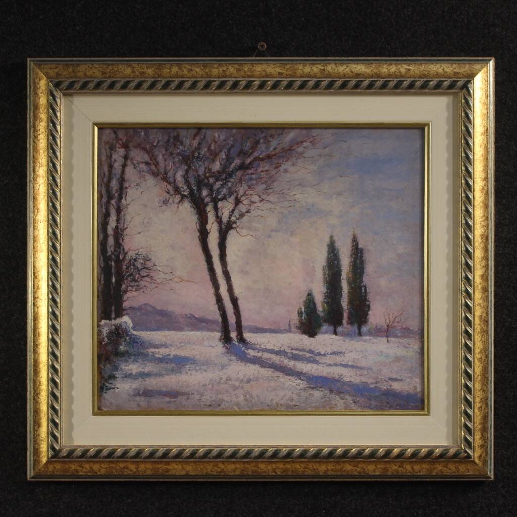 Peinture de paysage enneigé italien signée et datée de 1932.
