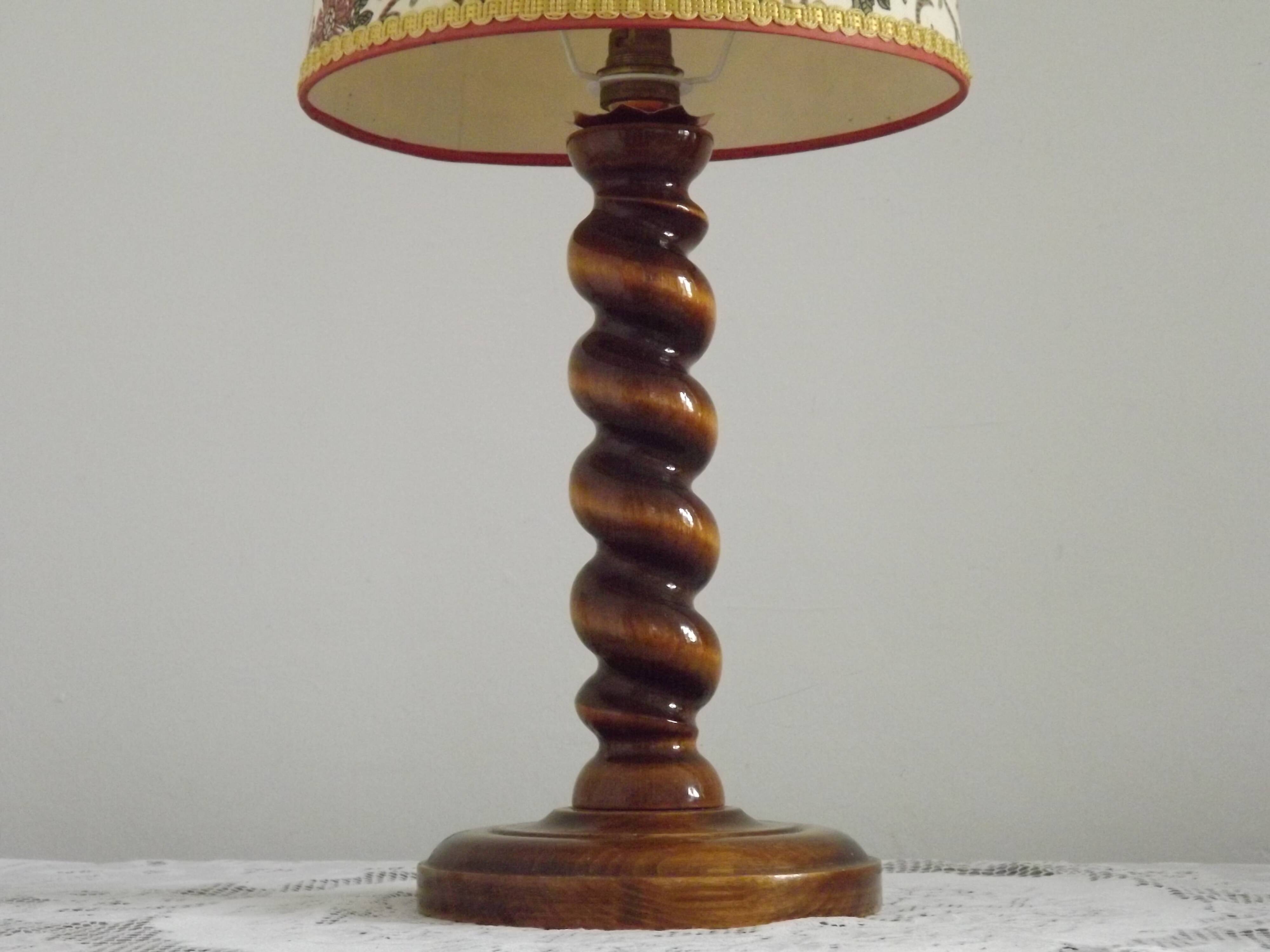 French Vintage Round Wooden Barley Twist Table Lamp With Floral Shade