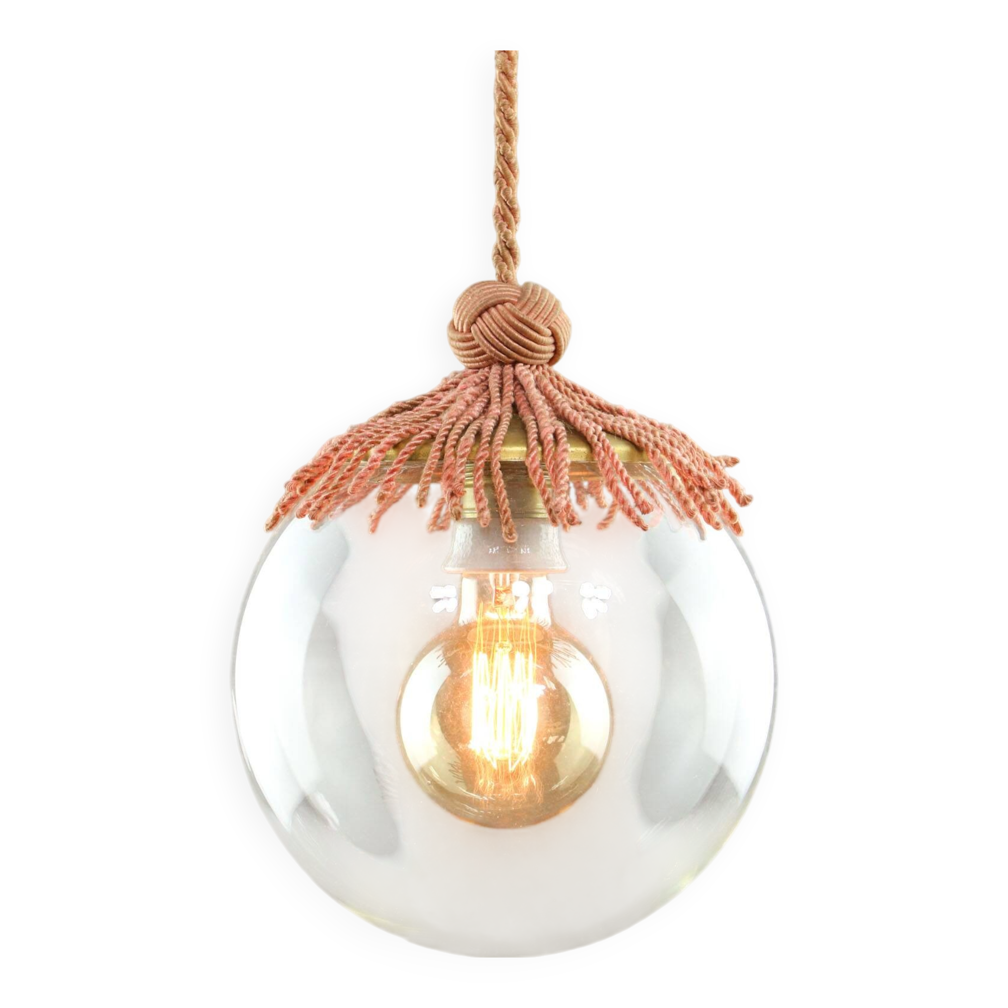Art Deco Italian Pink Fabric and Brass Globe Pendant Lamp