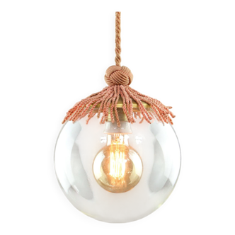 Art Deco Italian Pink Fabric and Brass Globe Pendant Lamp