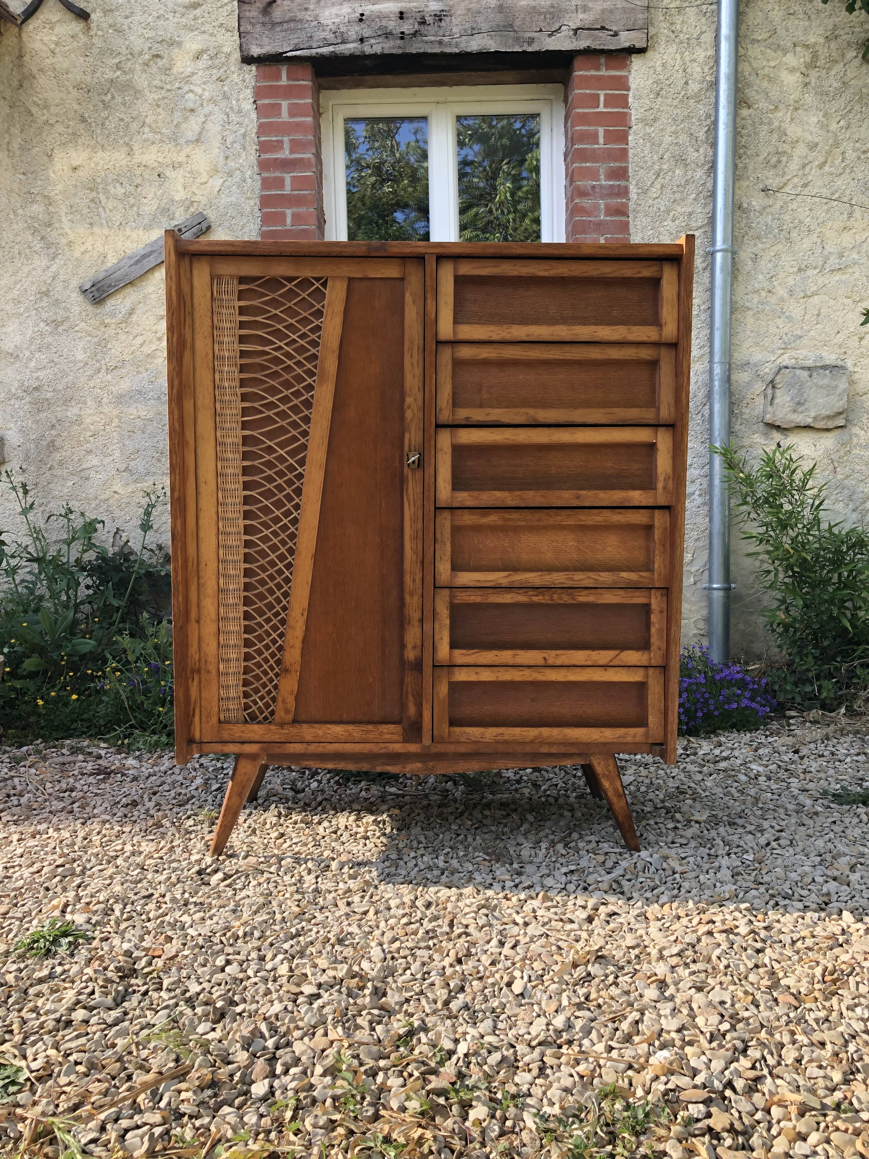 Wooden and rattan chest of drawers