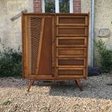 Wooden and rattan chest of drawers