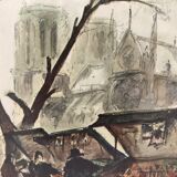 Old watercolor the booksellers F.Guignier