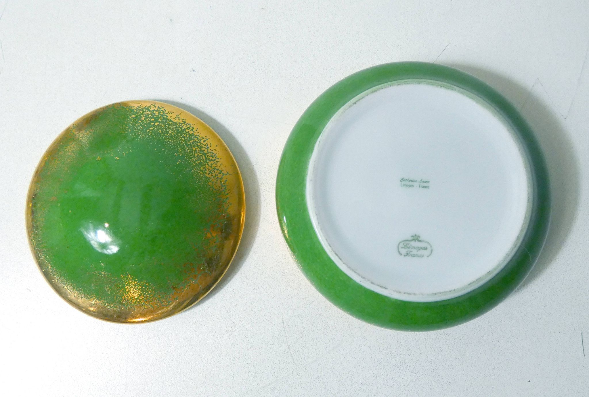 Green and gold Limoges porcelain candy box signed Catherine Lainé