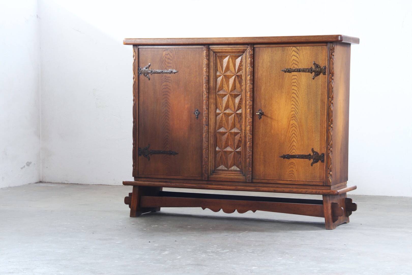Vintage Danish Baroque Brutalist Style Oak Cabinet 1960s