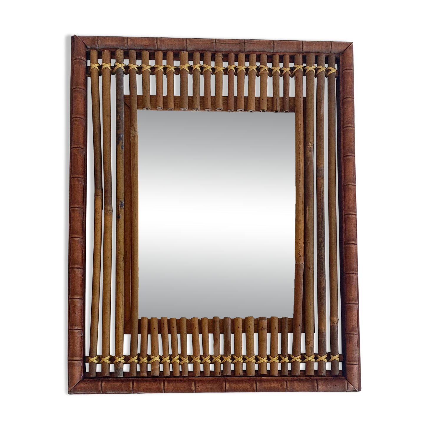 Antique French Art Deco Bamboo and Wood Wall Mirror, Early 20th Century