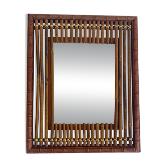 Antique French Art Deco Bamboo and Wood Wall Mirror, Early 20th Century