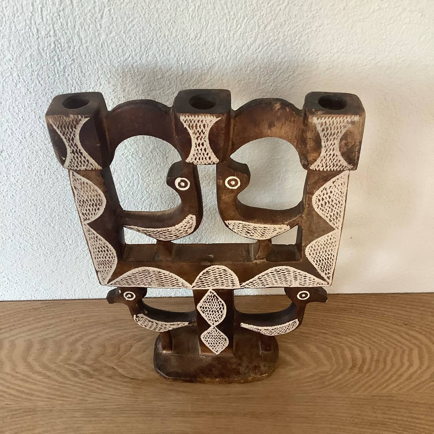 Vintage Candle Holder 70's Cut Stone Plaster Birds