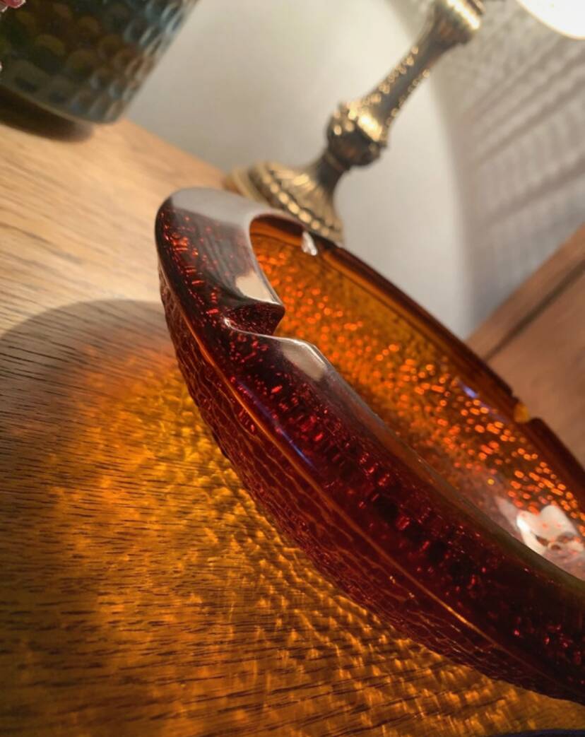 Vintage Amber Textured Glass Ashtray – 1970s – Space Style