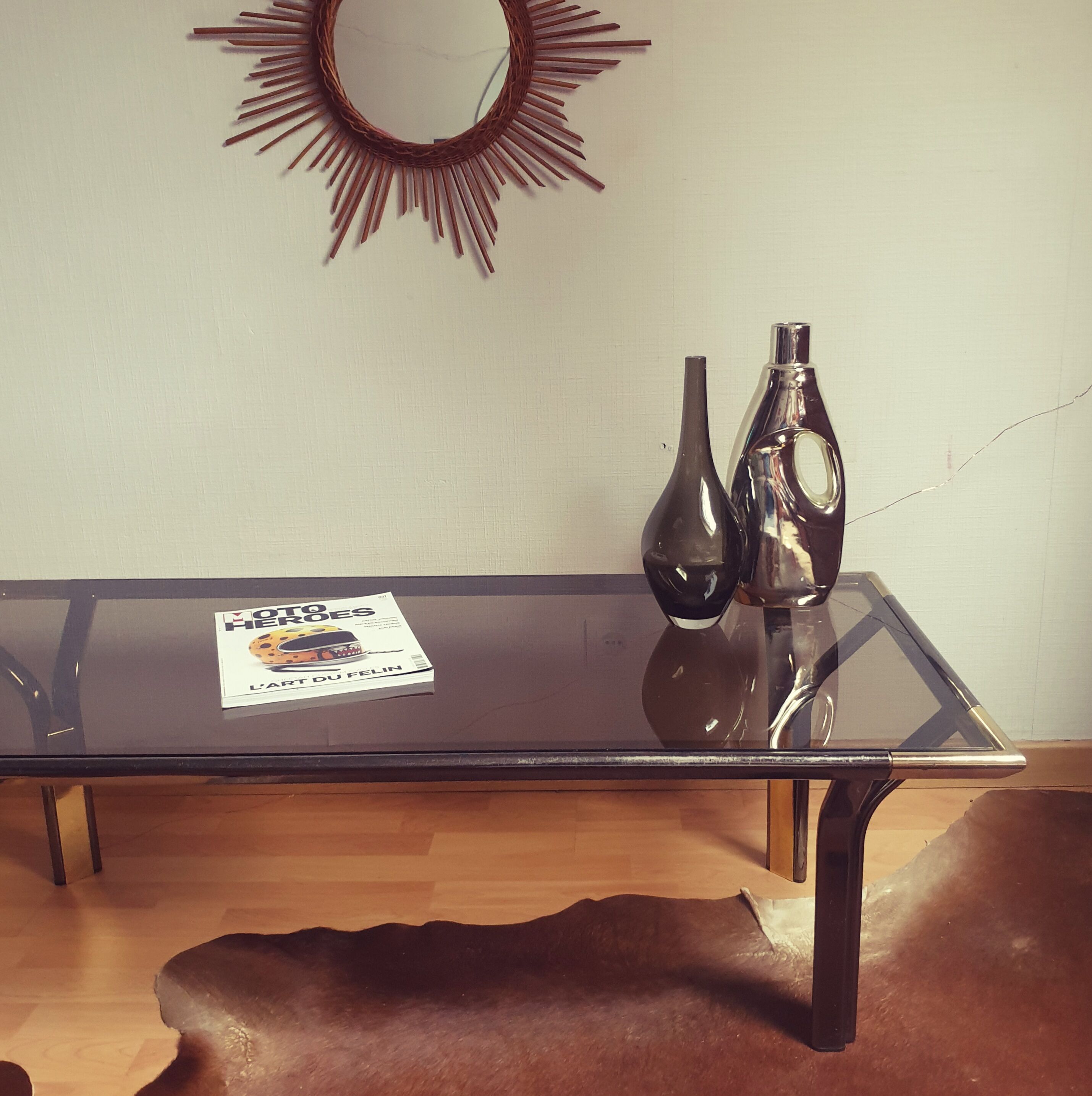 Vintage golden 70s coffee table and space age smoked glass