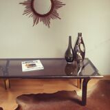 Vintage golden 70s coffee table and space age smoked glass
