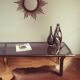 Vintage golden 70s coffee table and space age smoked glass