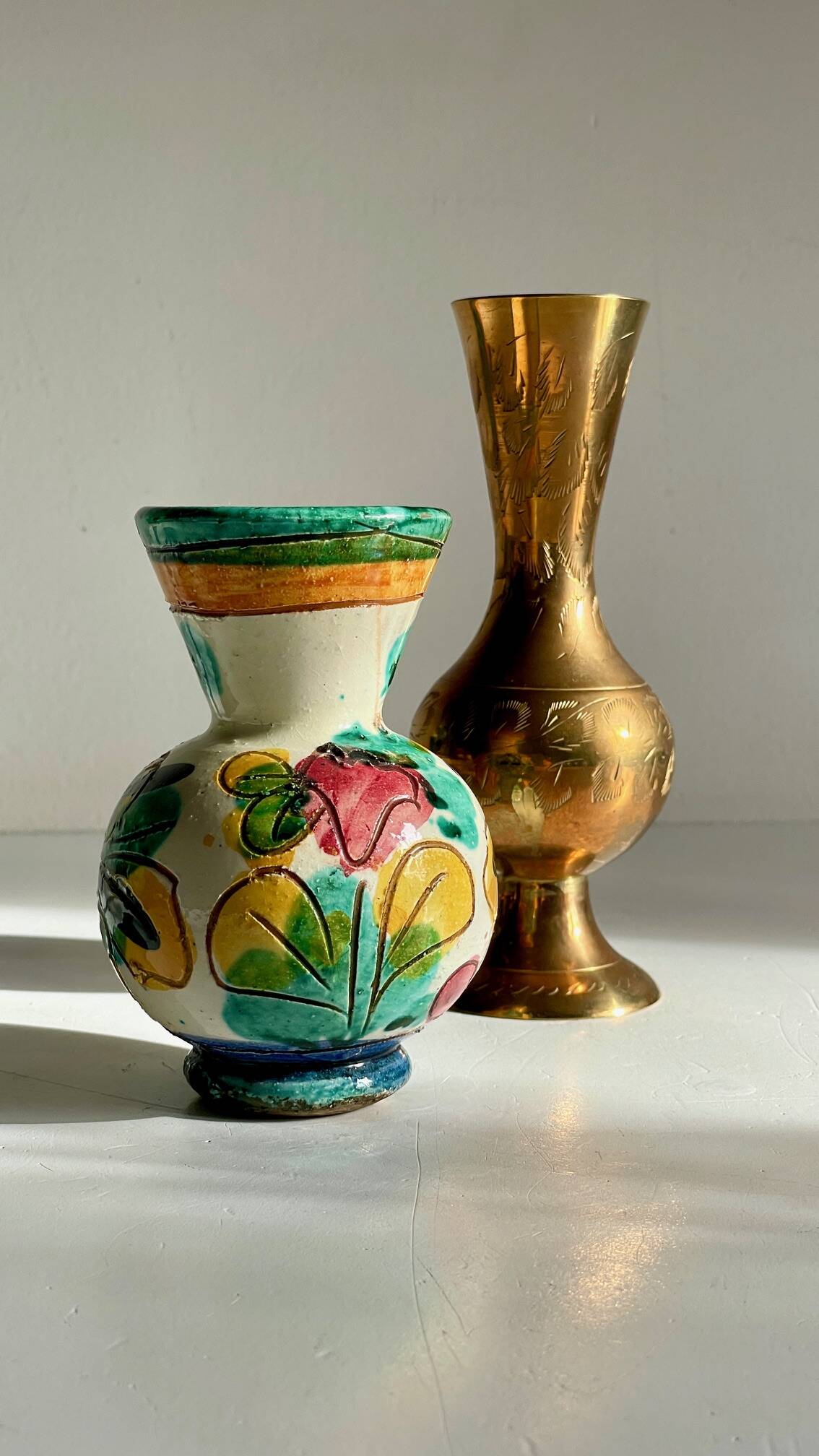 Vases céramique artisanale laiton ciselé vintage