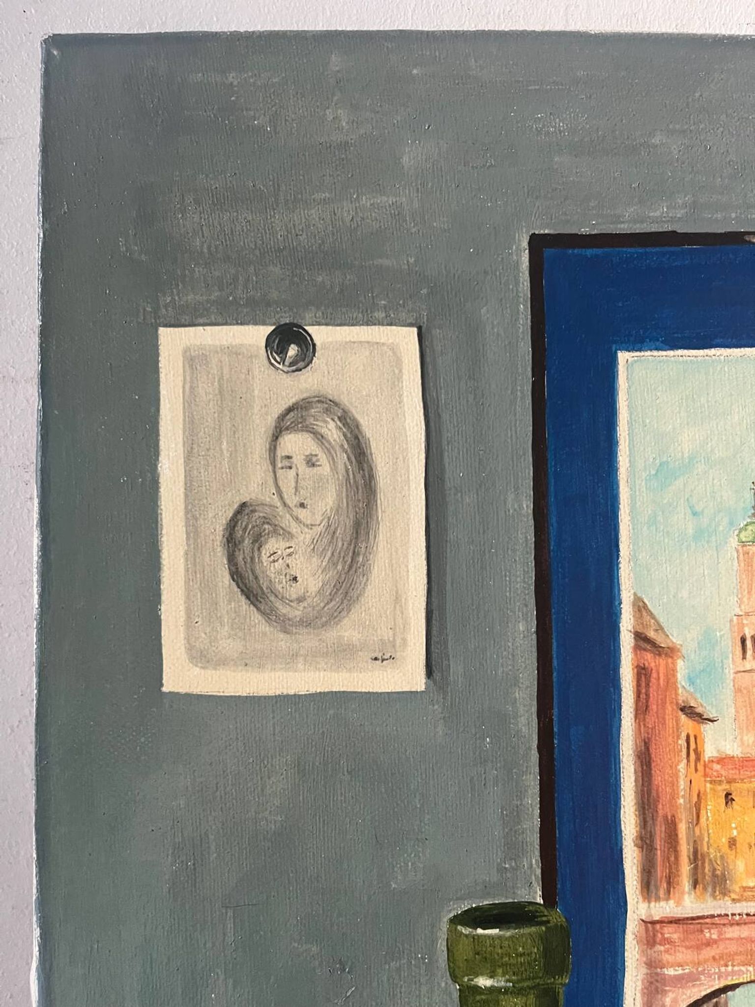 Still life with wine and painting, signed