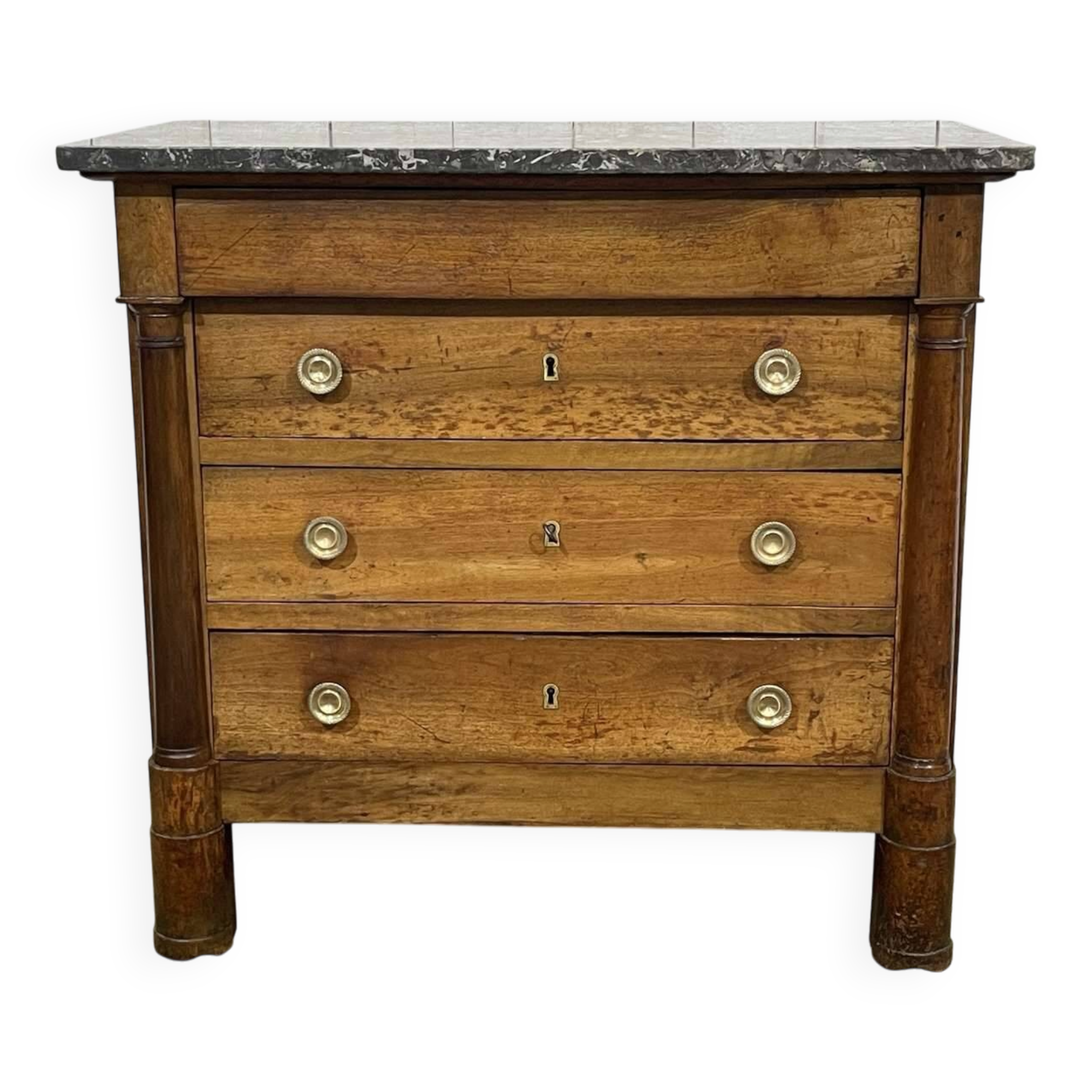 19th-century Empire commode in walnut with a grey St Anne marble top.