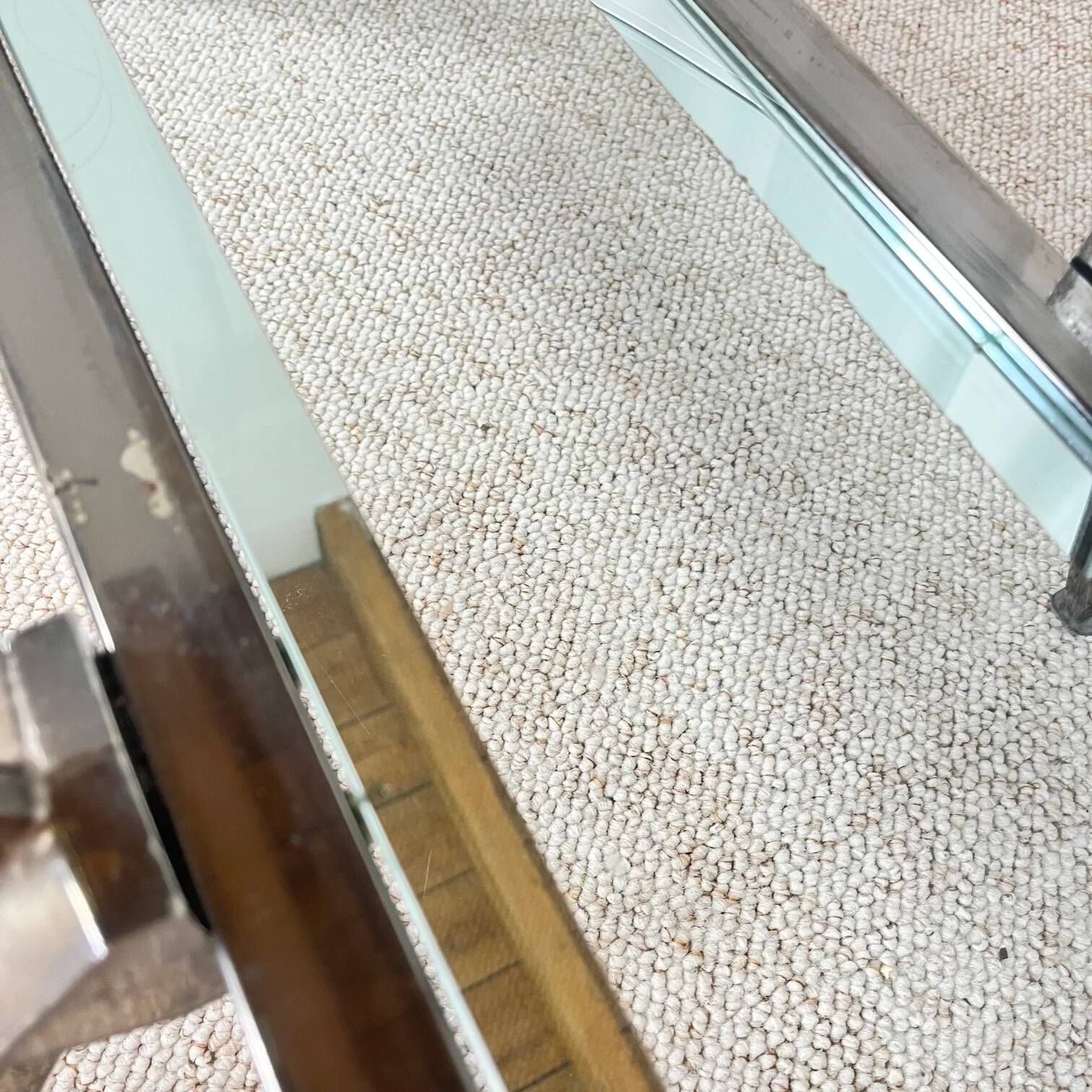 Vintage Italian coffee table in glass, chrome and brass metal, Hollywood Regency style, 1970s.