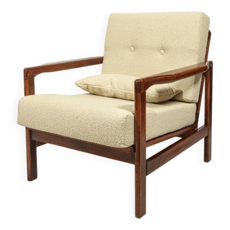 Vintage dark wood beige bouclé armchair by Z.Baczyk 1965