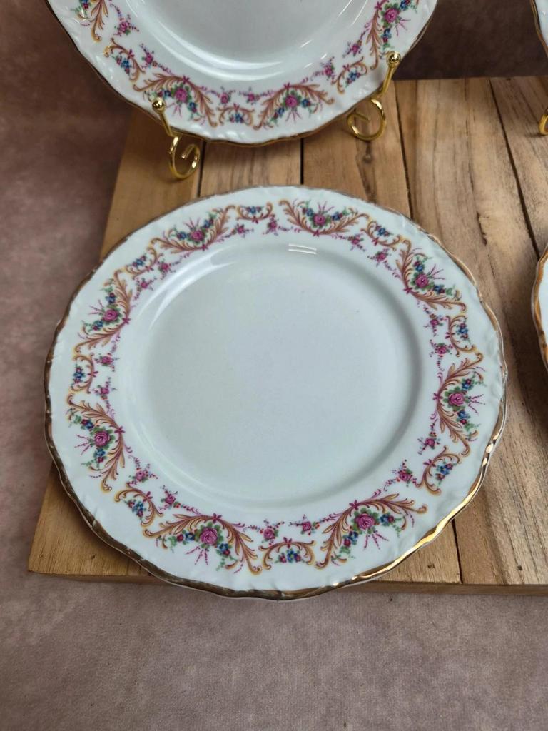 Set of 4 dessert plates French porcelain Digoin romantic floral gold decoration
