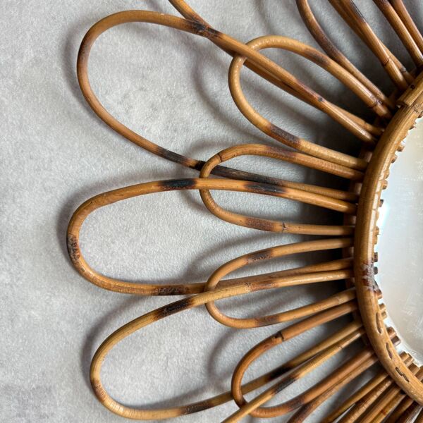 Miroir soleil en rotin, France années 50