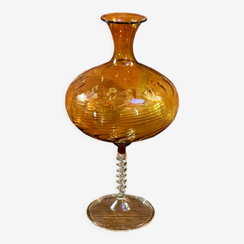 East German GDR Mouth-Blown Amber Art Glass Vase with Swirled Ribbing Texture, Possibly by Lauscha