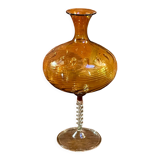 East German GDR Mouth-Blown Amber Art Glass Vase with Swirled Ribbing Texture, Possibly by Lauscha