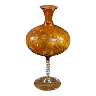 East German GDR Mouth-Blown Amber Art Glass Vase with Swirled Ribbing Texture, Possibly by Lauscha