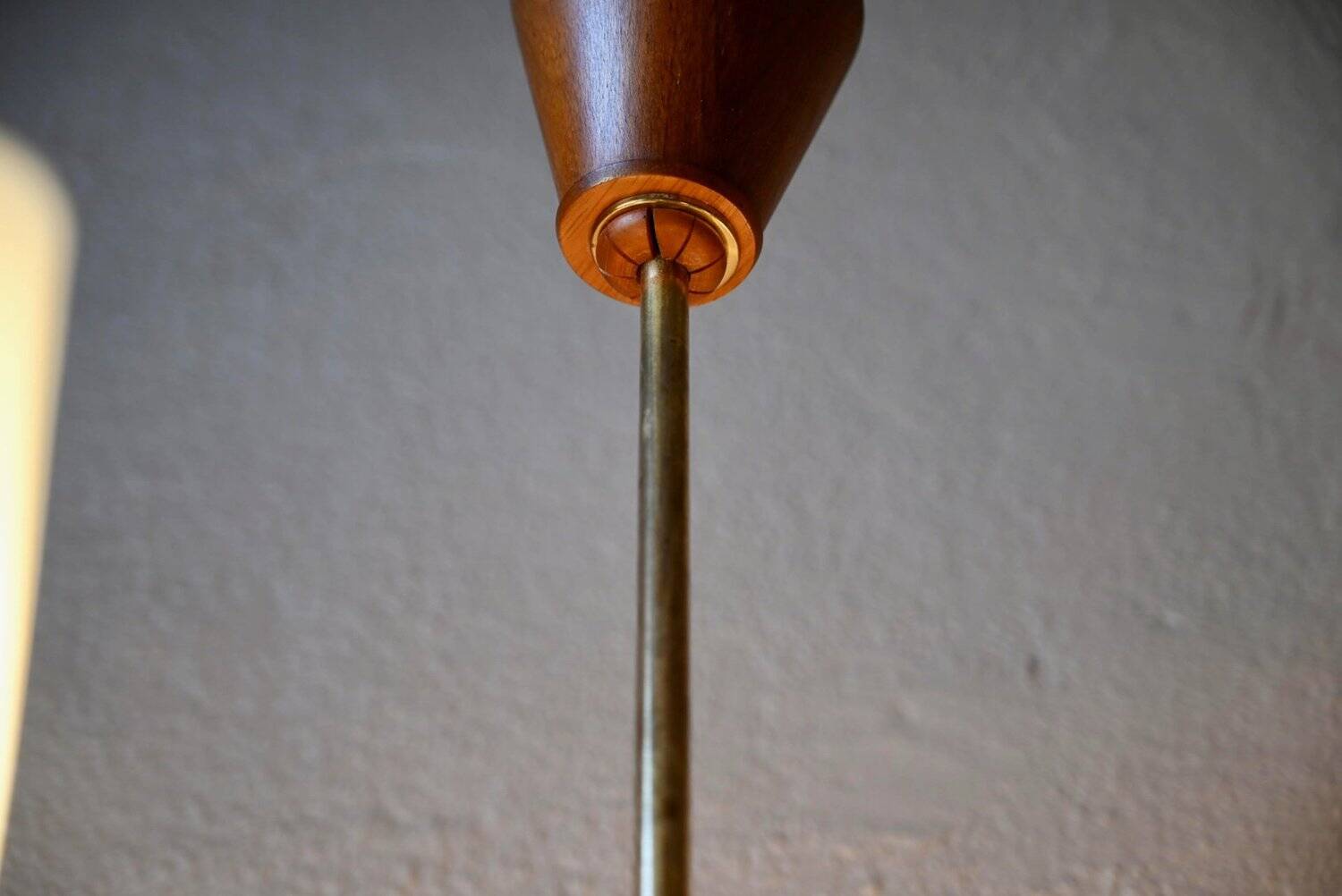 Scandinavian mid-century chandelier, teak, brass, opaline glass, 8 arms, 1950-1960.