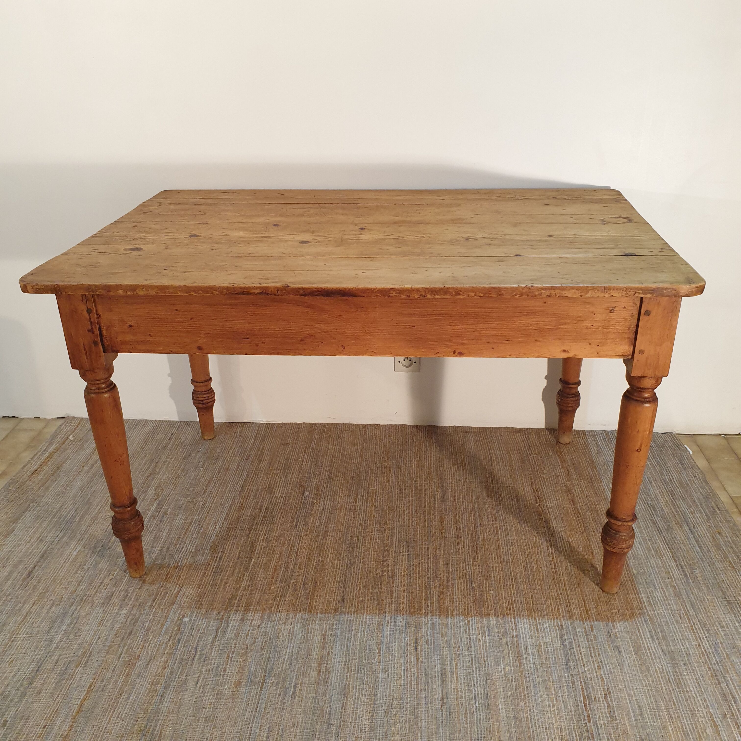 Old solid wood farmhouse table pitchpin turned legs 1 drawer