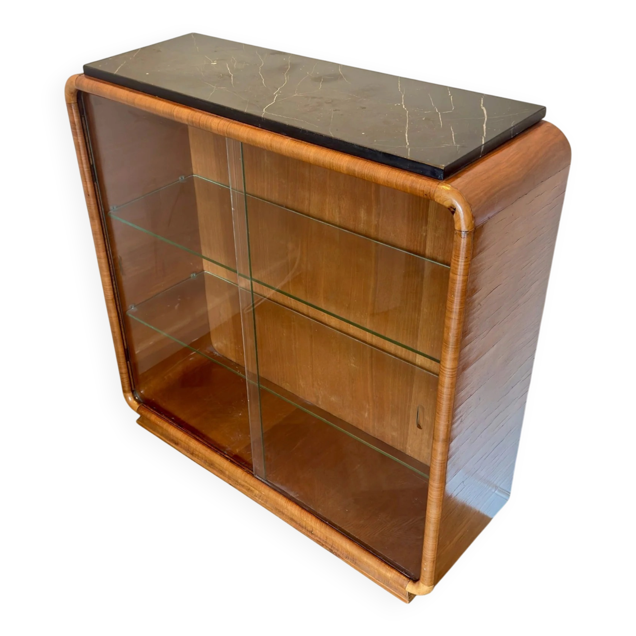 Vintage Art Deco display cabinet in mahogany with a black marble top.