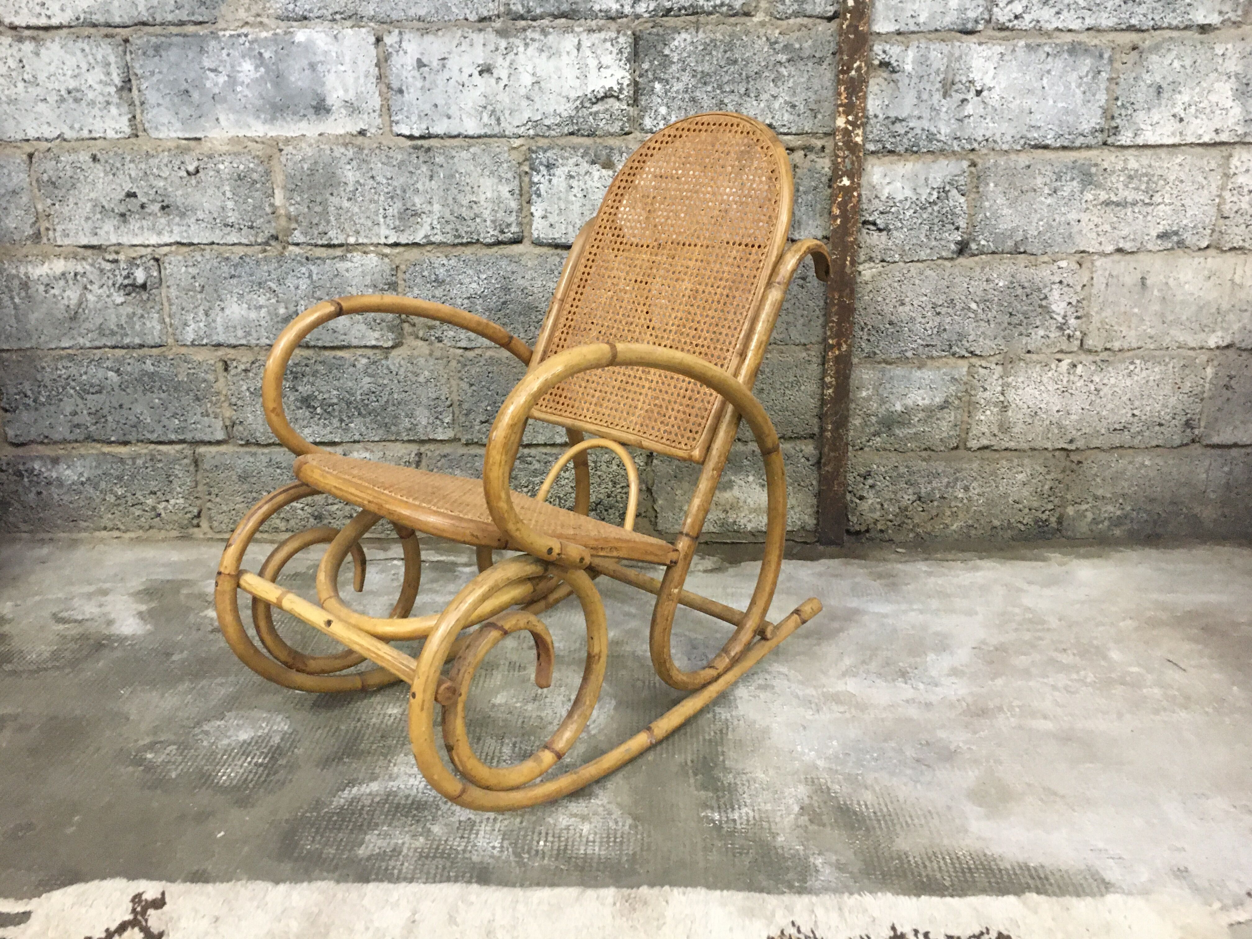Rocking-chair in bamboo rattan and vintage wicker 1950