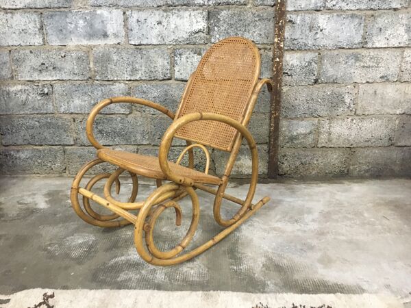 Rocking chair en rotin bambou et osier vintage 1950