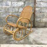 Rocking-chair in bamboo rattan and vintage wicker 1950