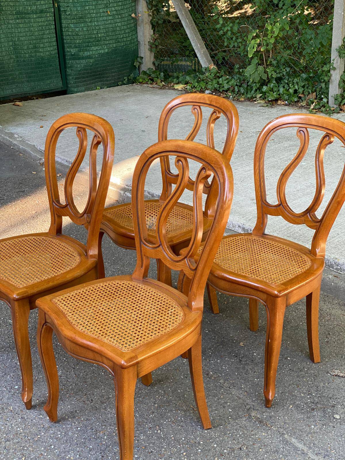 4 Louis Philippe curved wood caned dining chairs