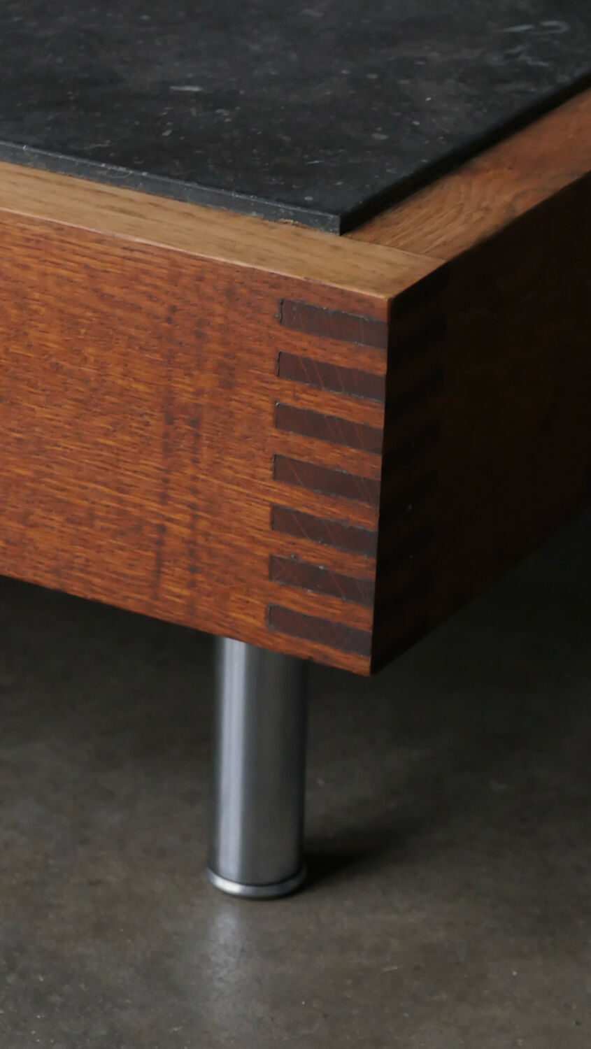 Belgian coffee table from the 80s, oak and blue stone from Belgium.