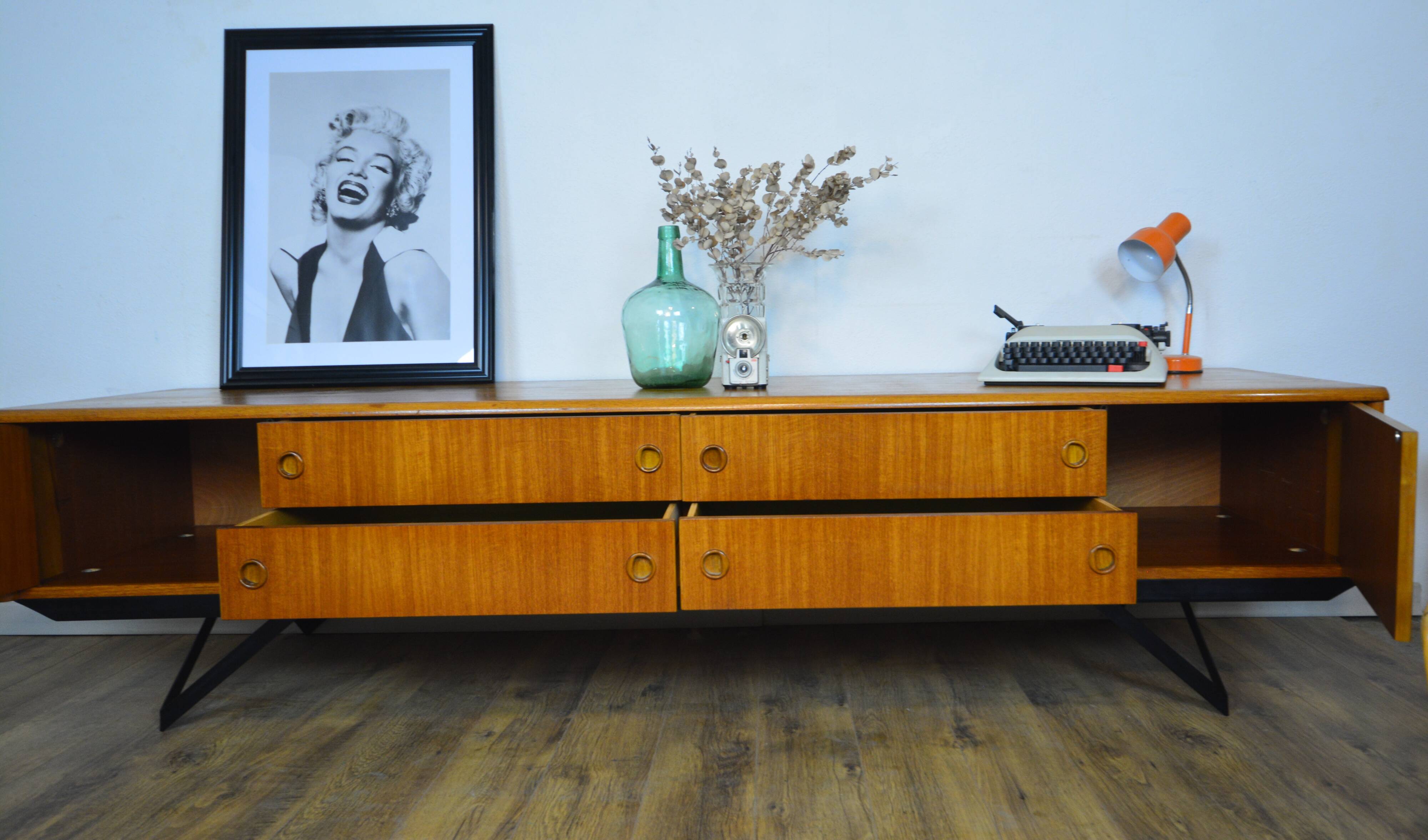 Low Scandinavian teak sideboard Metal