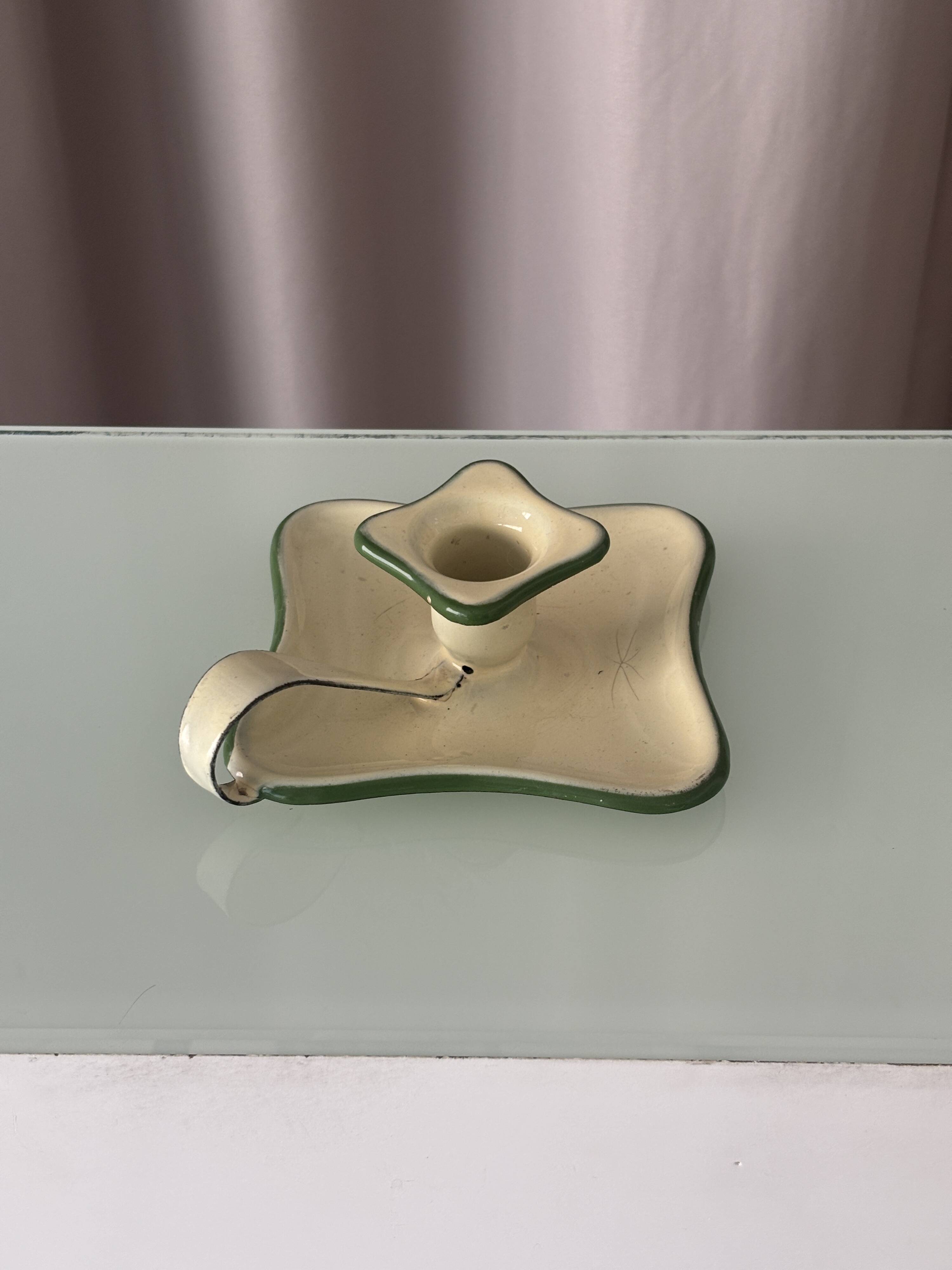 Vintage Belgian Enamel Chamberstick Candle Holder – Cream & Green