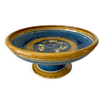Signed glazed ceramic bowl – blue and ochre – floral decoration
