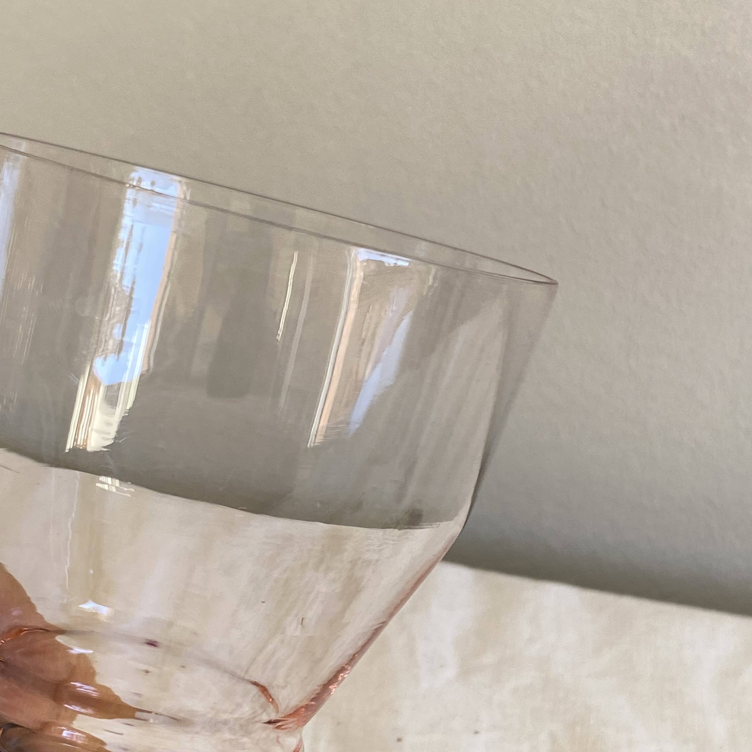 6 large pink art deco wine or water glasses with black stem