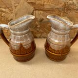 Paire ancien pichet revol 1/4l en céramique marron forme tonneau vintage