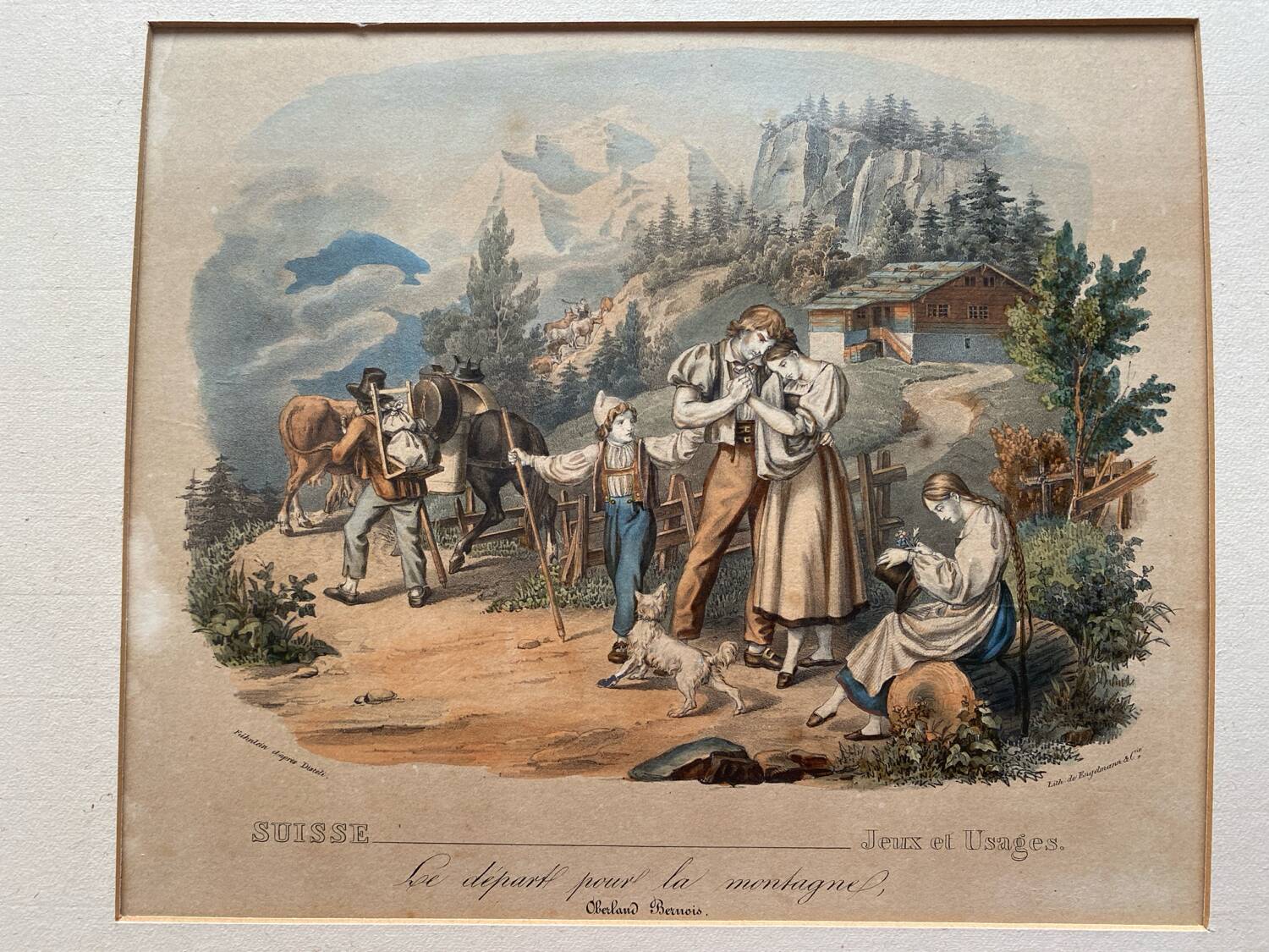Grande gravure ancienne suisse « le départ pour la montagne »