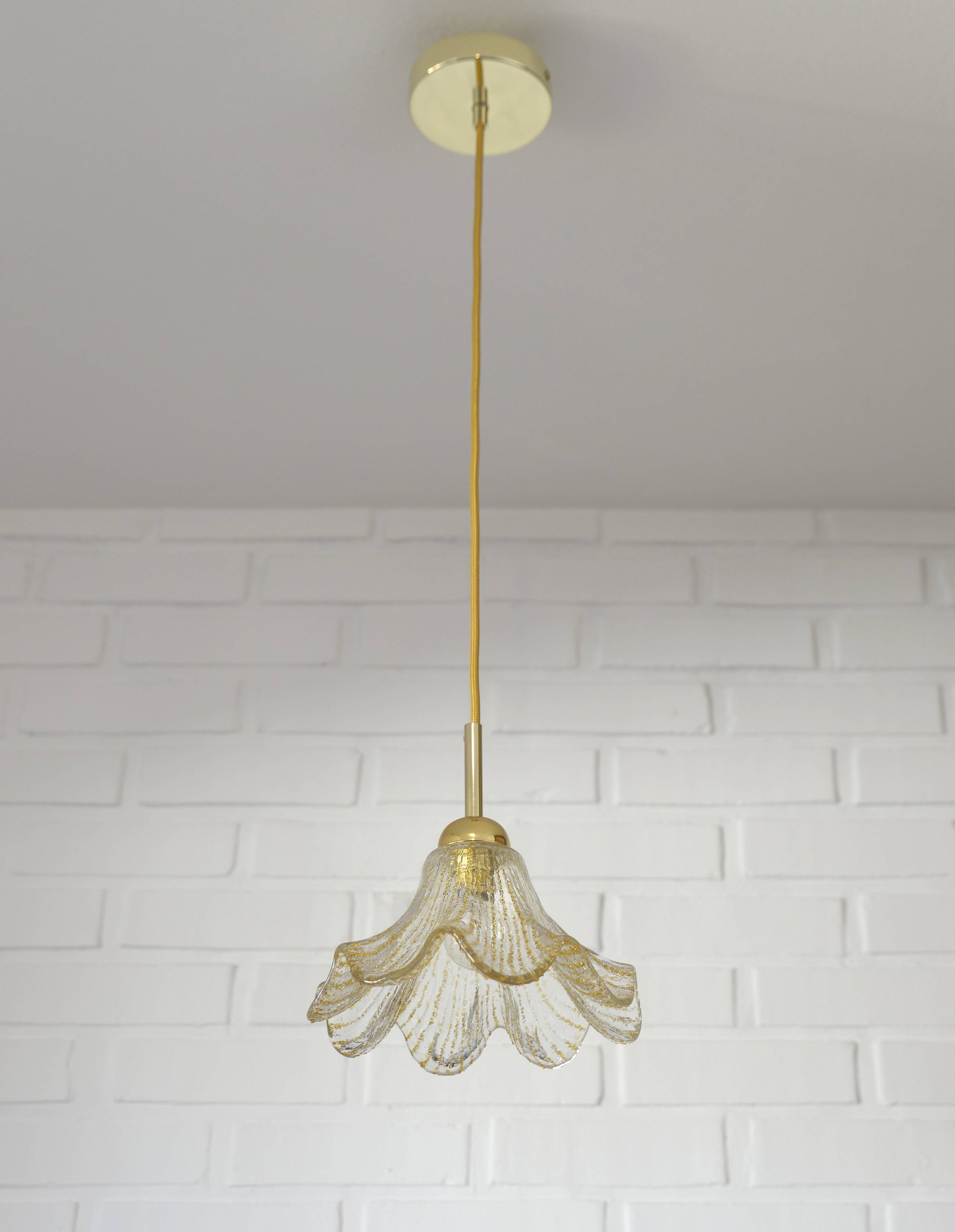 Vintage gold pendant light / Murano glass hanging lamp / Italy 1980s