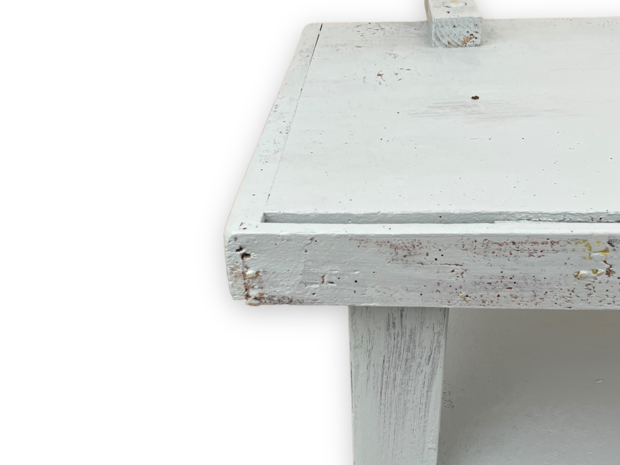 Light blue painted wooden workbench