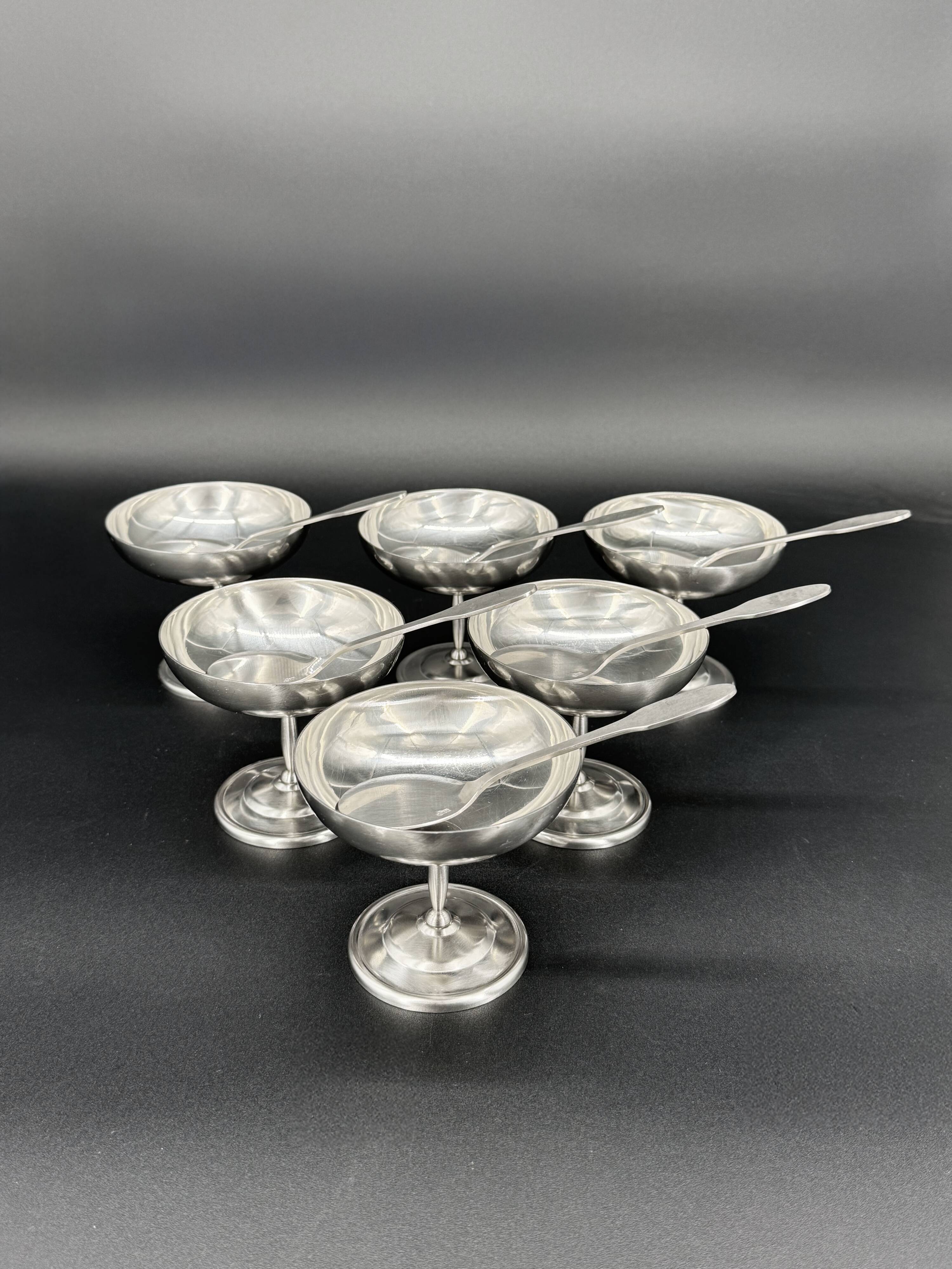 6 stainless steel dessert bowls + spoons – Jean Couzon France